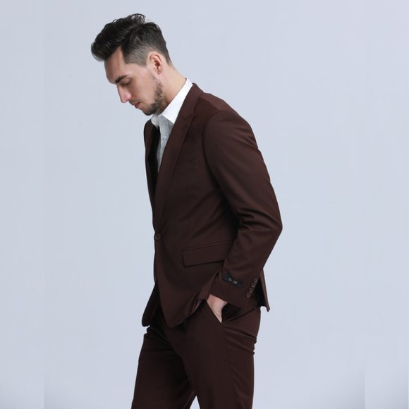 Men's Skinny-Fit 3-Piece Suit w/ Double-Breasted Vest, Dark Brown - Picture 6 of 7